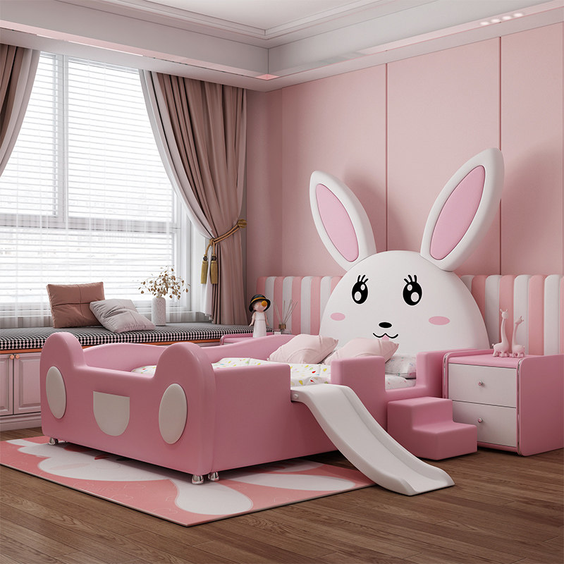 Child Cartoon Girl Princess Bed Solid Wood Modern Brief Genuine Leather Bed Girl With Guardrails Pink Mesh Red Rabbit Bed