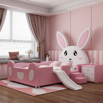 Child Cartoon Girl Princess Bed Solid Wood Modern Brief Genuine Leather Bed Girl With Guardrails Pink Mesh Red Rabbit Bed