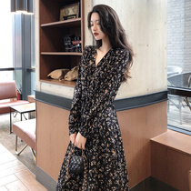 2021 Spring and Autumn Platycodon Chiffon Floral French Long Sleeve Dress Slim Long Skirt Ankle Fairy