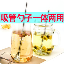 straw spoon one dual purpose creative stainless steel lengthened juice milk tea mixing spoon beverage soya-bean milk long straw