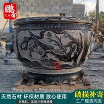 Stone carving fish tank imitation ancient stone water cylinder natural green stone round cylinder flower pots Courtyard Lotus Flower Vat Stone Trough Raised Fish Pond New