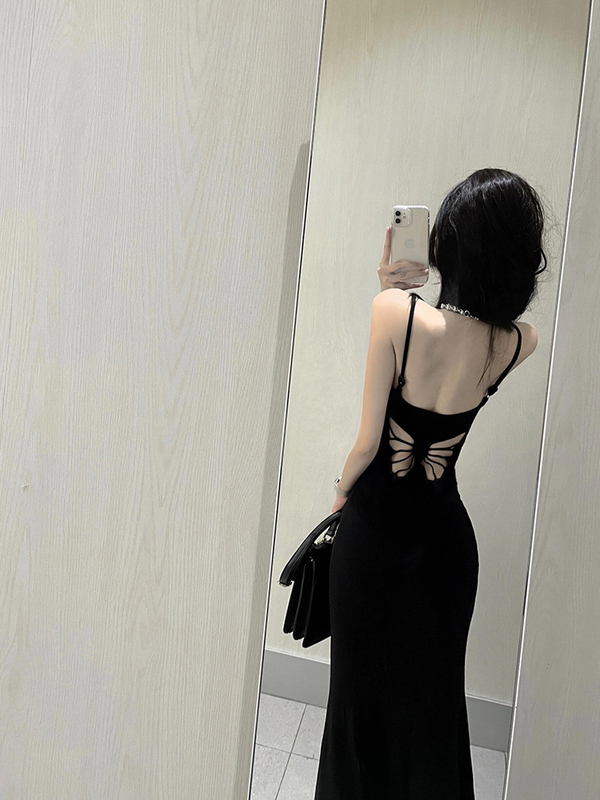 Sexy Black Backless Bow-Knot Dress for Women, Summer Spaghetti Strap Bodycon Long Dress with a Waist-Cinching Design, a Dress Full of Charm