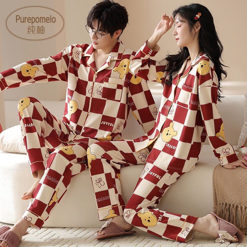 Wedding Newlyweds Pajamas Spring and Autumn Style Pure Cotton Long-Sleeved Cartoon Cute Men and Women Red New Home Wear Set