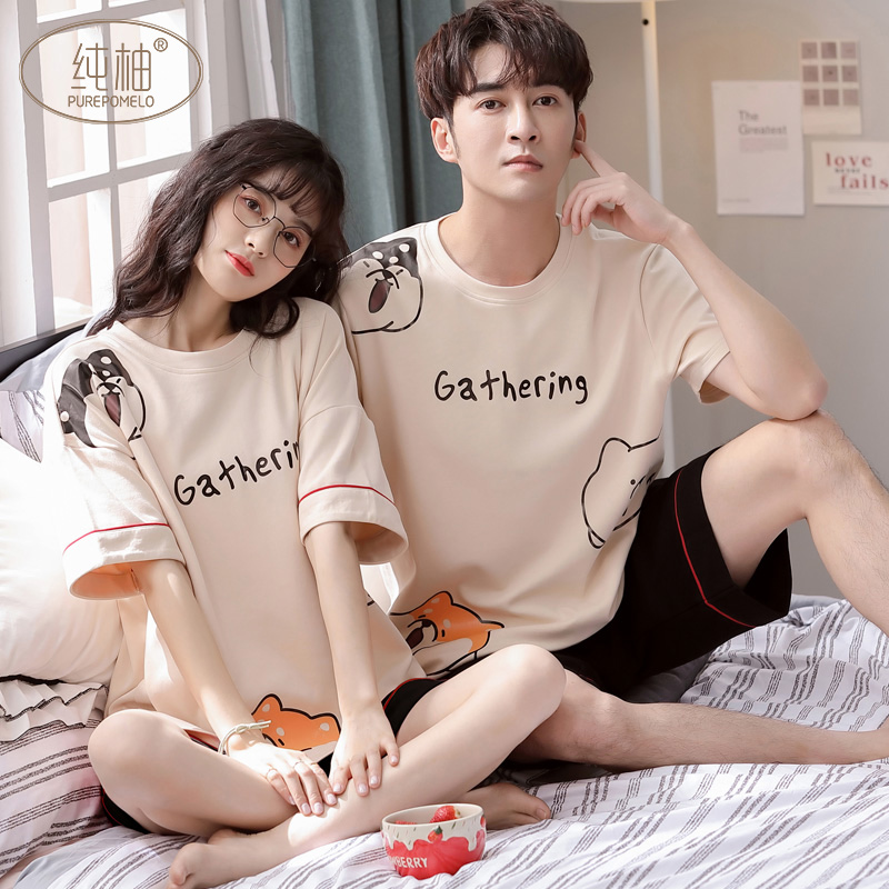 Couple pajamas summer cotton short-sleeved shorts 2021 summer new style can be worn outside men and women cartoon home clothes thin suit