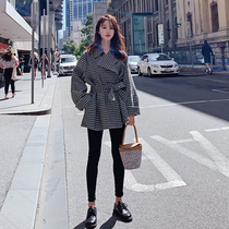 Chidori plaid woolen coat womens 2020 autumn and winter new short short waist lace-up thick woolen coat