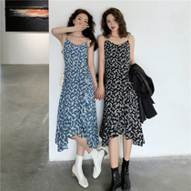 Chiffon blue floral suspender dress female summer 2021 new French irregular inner tie bottoming tea break long skirt