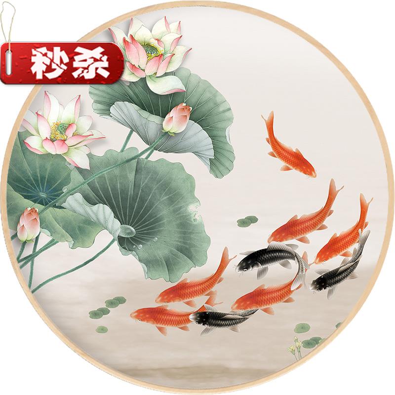 Nine-tailed fish living room decoration painting New Chinese entrance decoration 4 decorative paintings solid wood round frame hanging painting Nine-fish drawing living room book