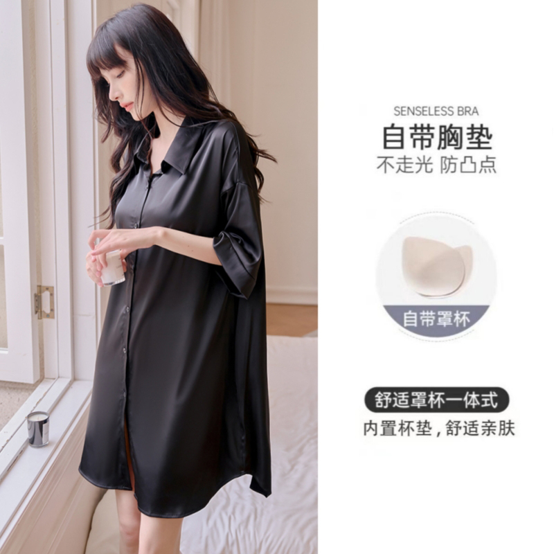 Sexy Shirt Pajamas, Women's Nightgown, Summer Thin Style, Sexy Lingerie, Ice Silk, Hot and Pure Desire, Boyfriend Style with Breast Pads
