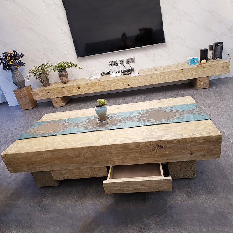 Nordic Wind Log Tea Table TV Cabinet Composition Small Family Style Living Room Tatami Tea Table Retro Tea Negotiation Table