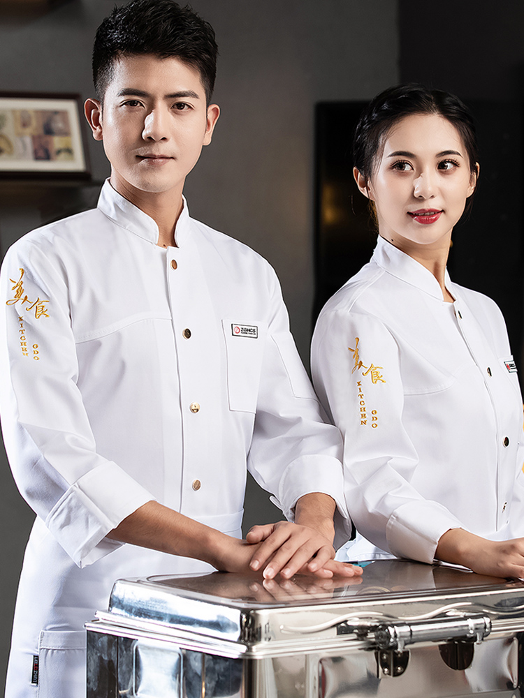 Quần áo làm việc đầu bếp thoáng khí polyester-cotton cao cấp dài tay nam mùa thu nhà hàng khách sạn phục vụ nhà bếp làm bánh quần áo đầu bếp đồng phục đầu bếp may sẵn áo bếp may sẵn 