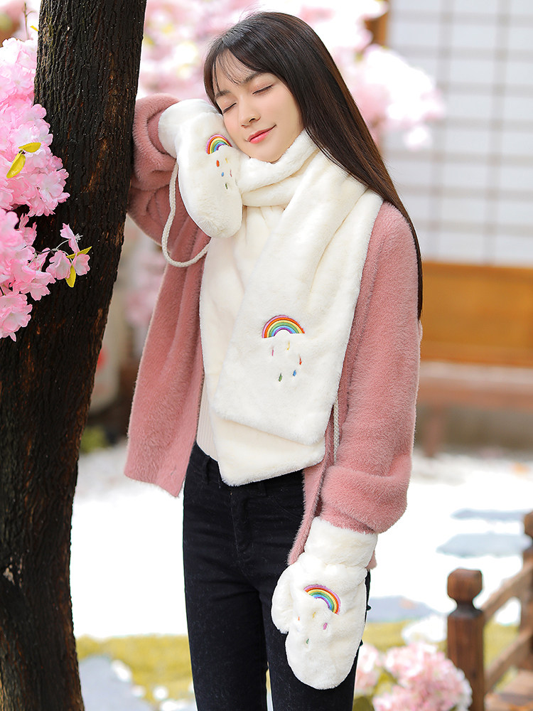 Scarf female winter student Korean version of the tide wild fluffy autumn and winter warm sweet Japanese girl gloves gift box