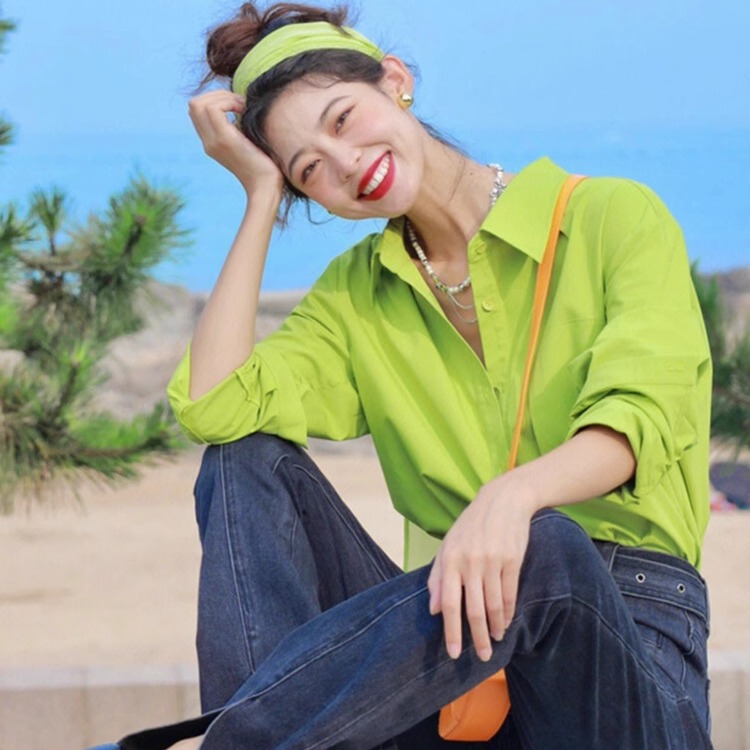 Dopamine Fluorescent Green Long-Sleeved Shirt for Women, Spring and Autumn 2026 New Style, Unique and Super Nice-Looking, Loose Shirt Jacket Top