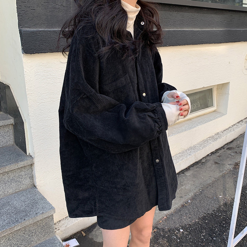 Corduroy Black Shirt for Women, Spring, Autumn, Winter 2026 New Style, Loose and Casual Shirt with a Unique Design, Niche Top Jacket