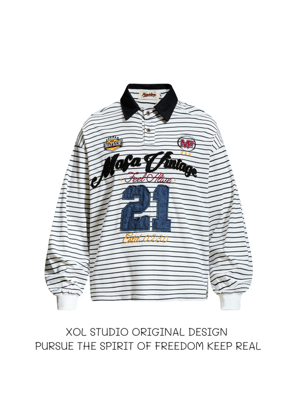 Xol Original American College Style Striped Patchwork Embroidered Polo Shirt for Men, Loose and Versatile Sports Style Long-Sleeved T-Shirt Ins Xol Original American College Style Striped Patchwork Embroidered Polo Shirt for Men, Loose and Versatile Sports Style Long-Sleeved T-Shirt Ins