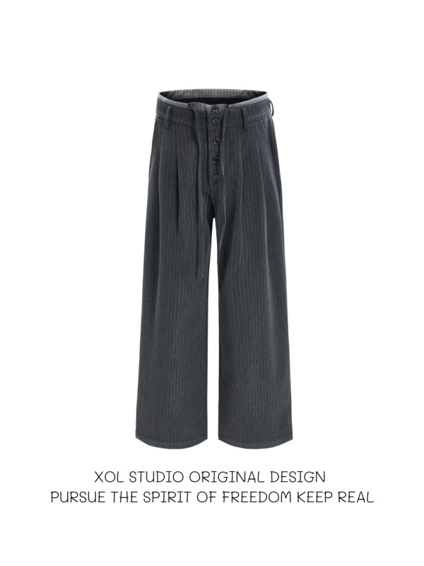Xol Striped Double-Waist Button Straight-Leg Drapey Dress Pants, Old Money Style, Vintage Niche Design, Wide-Leg Casual Pants Xol Striped Double-Waist Button Straight-Leg Drapey Dress Pants, Old Money Style, Vintage Niche Design, Wide-Leg Casual Pants