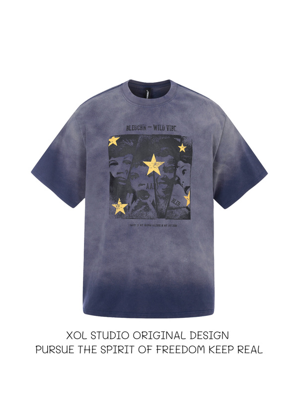 Xol Original American Retro Style Character Print Short-Sleeve T-Shirt for Men, Loose Hip-Hop Vintage Couple Trendy Brand Top