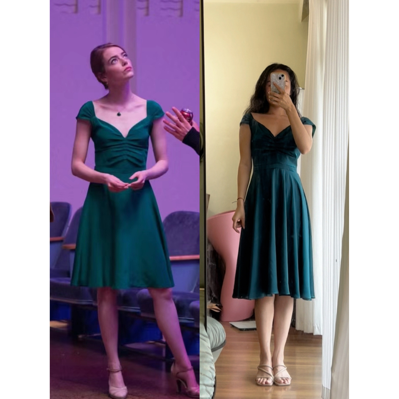 La La Land, the Same Style as Emma Stone, Green Satin Backless V-Neck Dress, Elegant Waist-Cinching Dance Dress