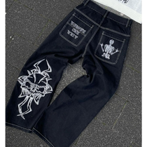 Y2k Mens Black Retro Skulls Demon Washington Mens Jeans Hi