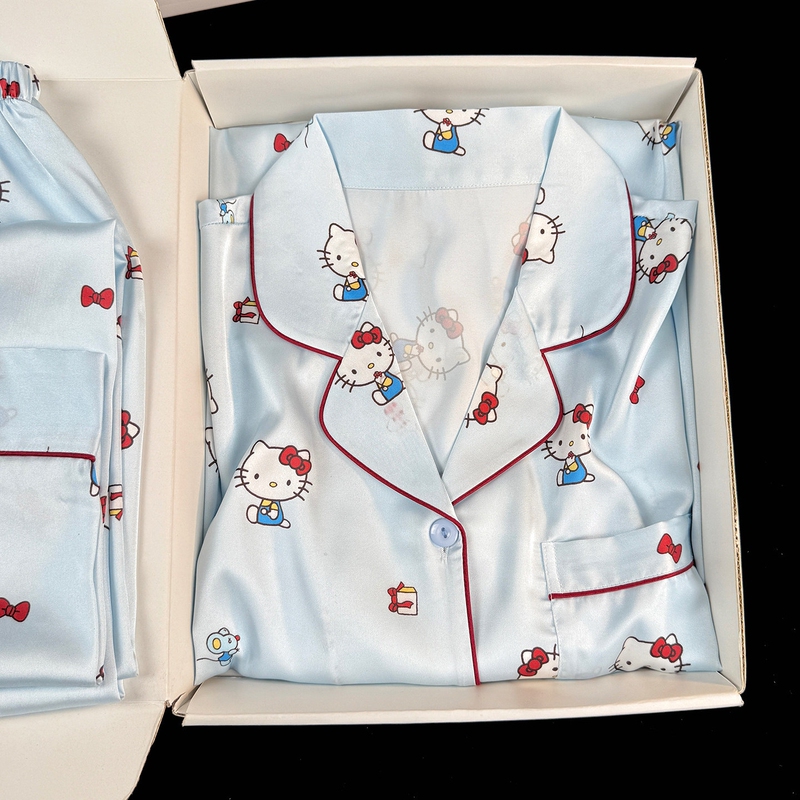 Mulberry Silk Pajamas for Women 2026 New Style with Chest Pads, Long-Sleeved Sweet Kt Cat Home Wear Set for Spring, Autumn, and Summer