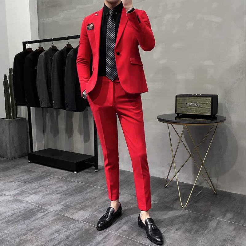 Red Suit Men's Suit Wedding Groom's Dress High-End Performance Handsome Casual Slim Korean Style Small Suit Jacket