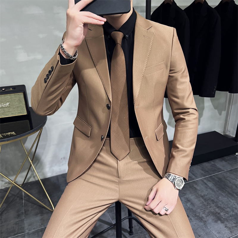Brown Double-Breasted Suit Set for Men, High-End Business Casual Blazer, Professional Slim-Fit Workwear