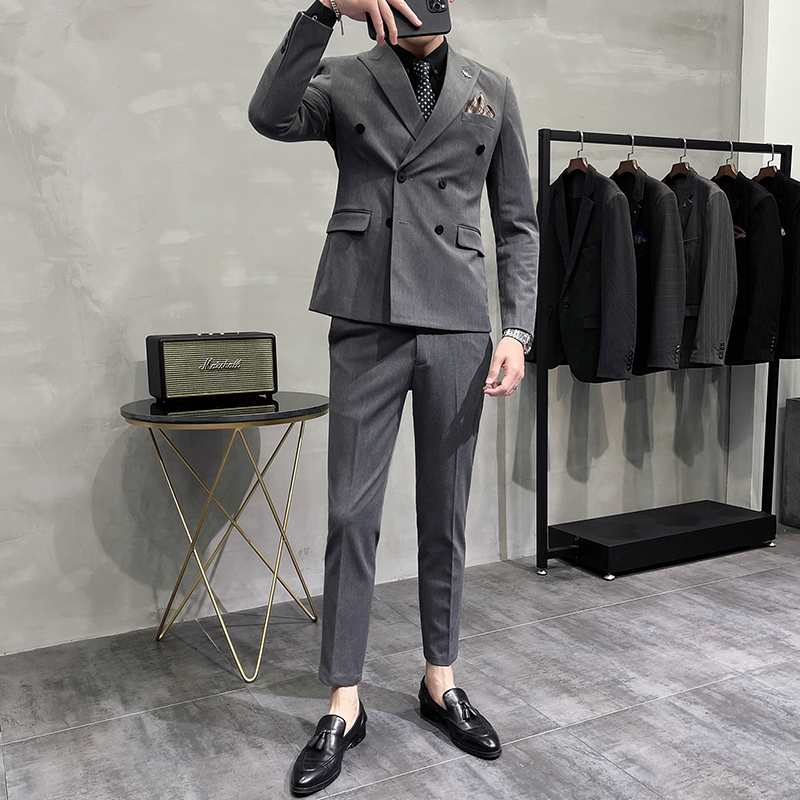Summer Double-Breasted Blazer Men's Suit Korean Style Slim Casual Suit Jacket High-End Groom Wedding Dress