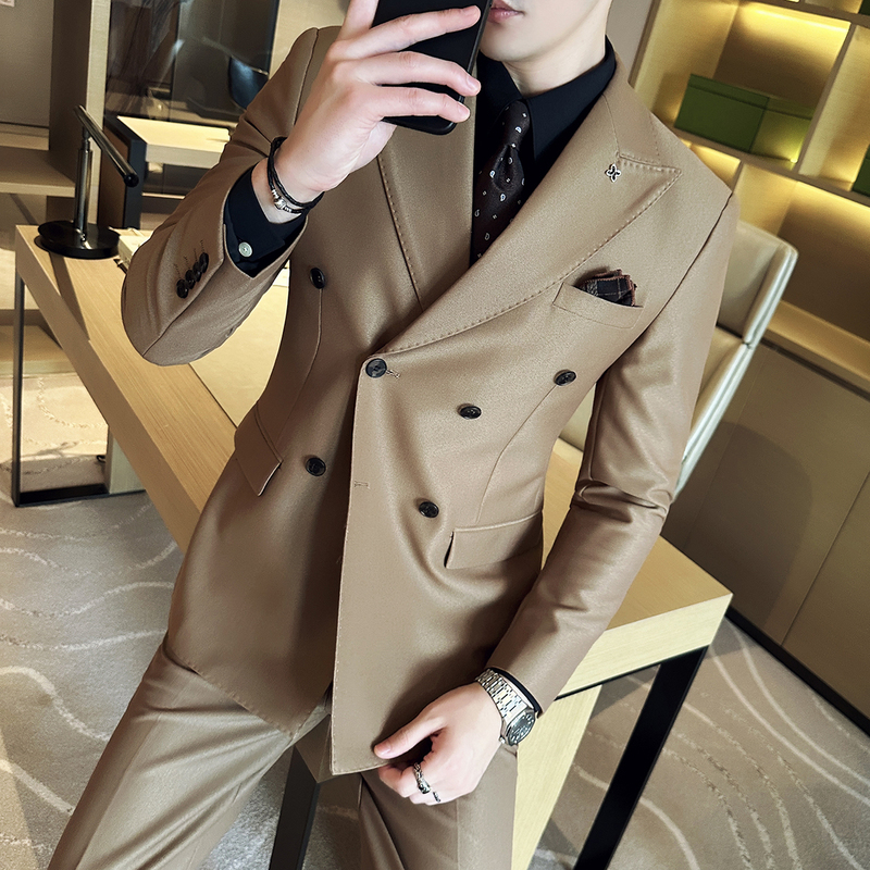 Double-Breasted Brown High-End Stylish Suit for Men, Korean Style Slim Fit Wedding Groom Blazer