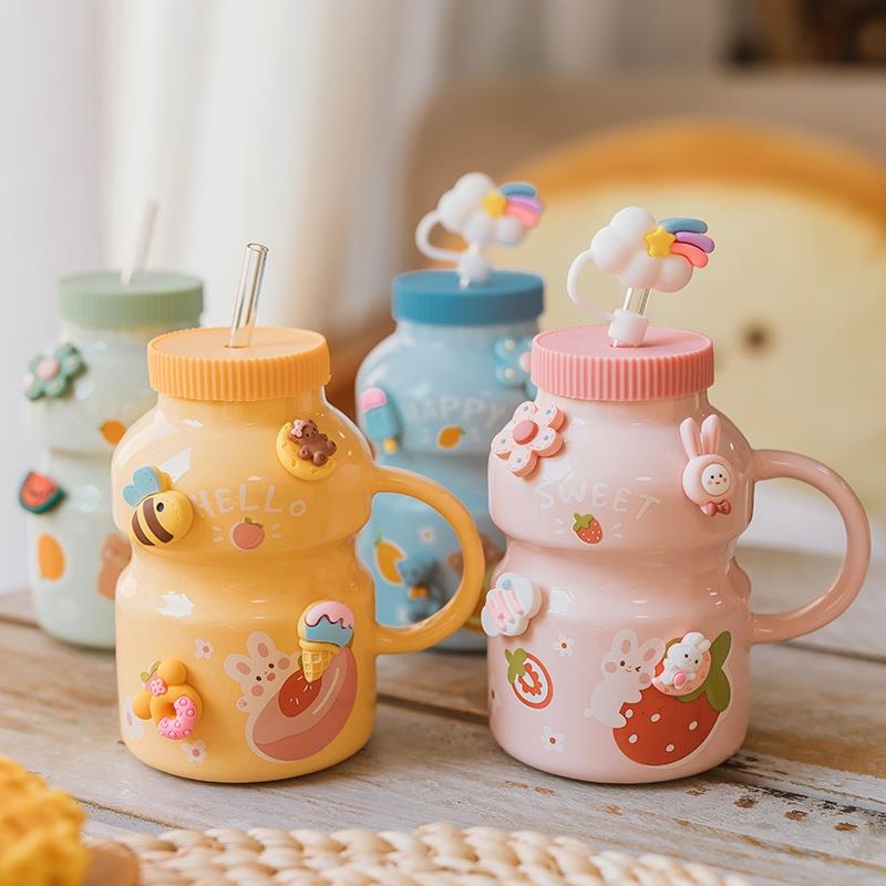 ins style high-value ceramic cup cute straw drinking water cup milk mug with lid couple breakfast girl