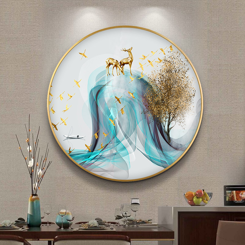 Entrance round crystal porcelain painting new Chinese-style corridor aisle decorative painting living room elk fortune tree dining room light luxury hanging painting