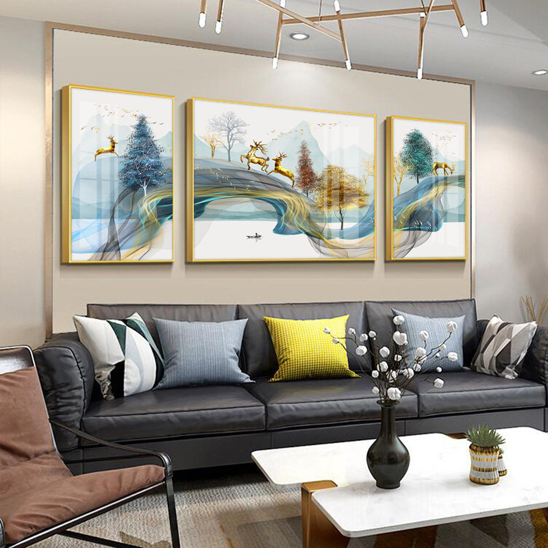 Living room triple decorative painting sofa hanging painting wall murals light luxury atmosphere diamond hanging painting Nordic landscape Crystal porcelain painting