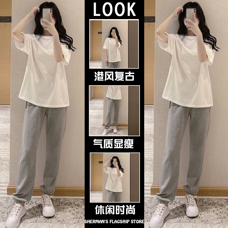 Casual Fashion Suit Women's Summer New Style Simple Short-Sleeved T-Shirt High-Waisted Versatile Straight Sweatpants Age-Reducing Two-Piece Set