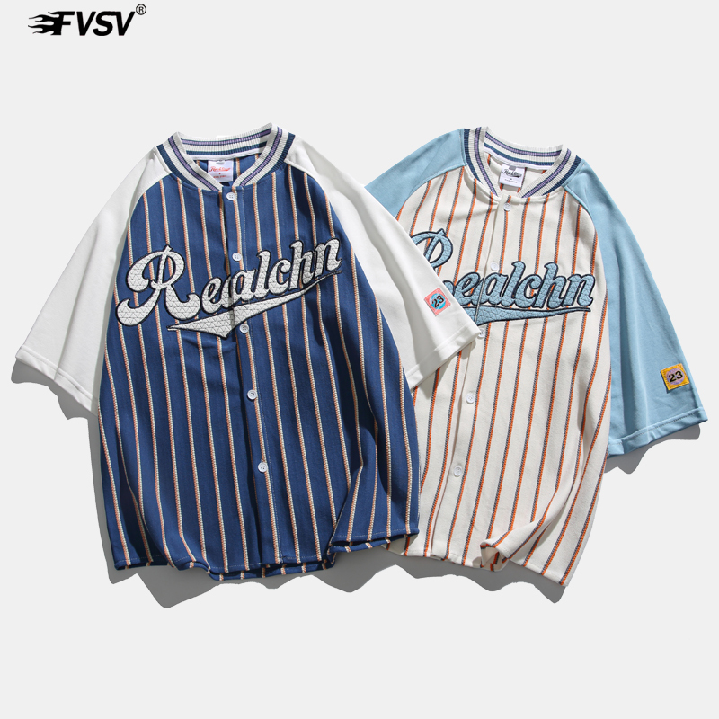 American-Style Baseball Uniform Shirt Men's Short-Sleeved T-Shirt Summer Loose Collarless Shirt Oversize Retro Cardigan Jacket