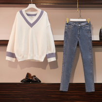 Big Code Womens Dress 2022 New Autumn Winter Fat Sister Foreign Air Weight Reduction Display Slim Fit Jacket Blouse Jeans Two Sets