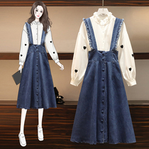 Micro Fat Girls Wear Hitchhiking Early Autumn New Big Code Womens Slim Fit Shirt Slimmer Back Braces Denim Dress and two sets