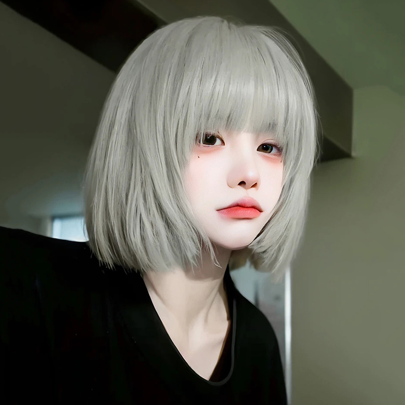 Grandma Gray Wig for Women, Full Head Cover, Everyday Age-Reducing Air Bangs, Bob Haircut, Short Hair, Imitation Human Hair, Short Straight Hair