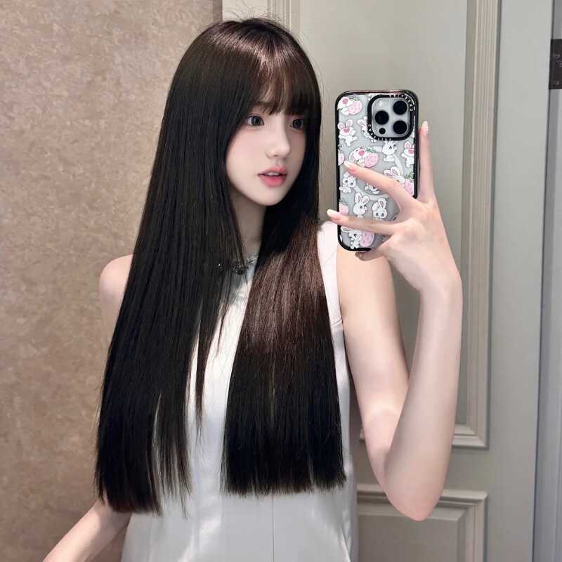 Wig for Women, Long Black Straight Hair, Round Face, Lolita Style, Natural Full Wig, Waist-Length, Elegant Black Long Straight Full Wig