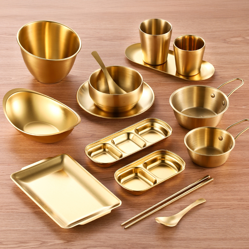 Korean-Style 304 Stainless Steel Barbecue Restaurant Tableware Set, Gold Commercial Bowls, Plates, Cups, Dipping Saucers, Chopsticks, and Spoons