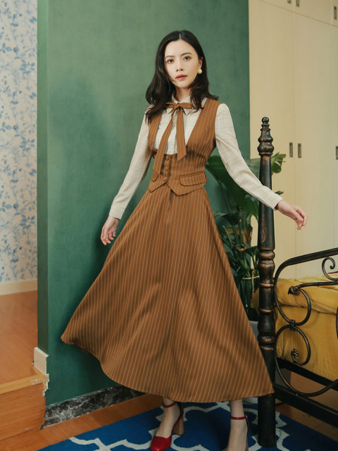 Republic of China wind vest shirt three-piece suspender skirt French niche suit skirt retro striped literary long skirt women's clothing