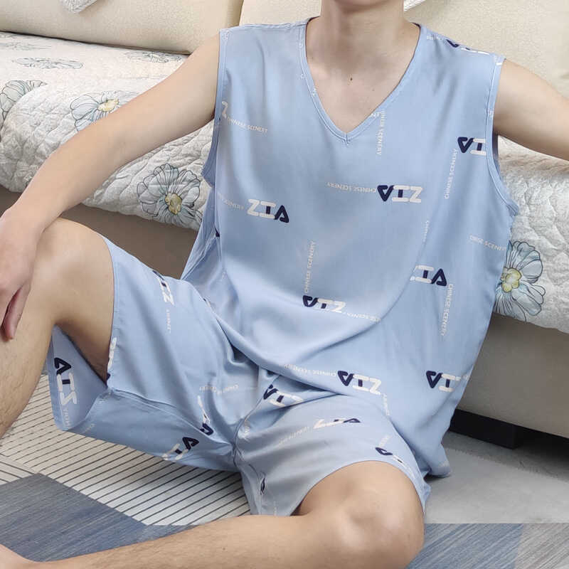 Summer Men's and Women's Rayon Pajamas, Thin Sleeveless Pullover Vest and Shorts, Cotton Silk Loungewear, Simple and Suitable for Going Out