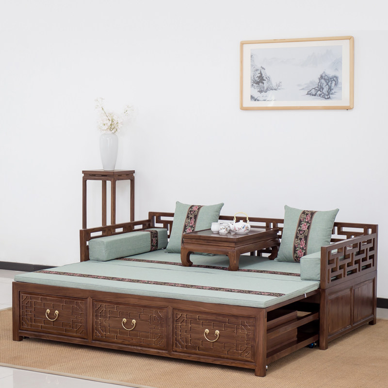 New Chinese old elm wood Bed Wood SOLID WOOD TELESCOPIC PUSH-AND-PULL BED HOLLOWED-OUT THICK HOARDINGS BRIEF MEDITATION FIG. YOUR COURTESAS