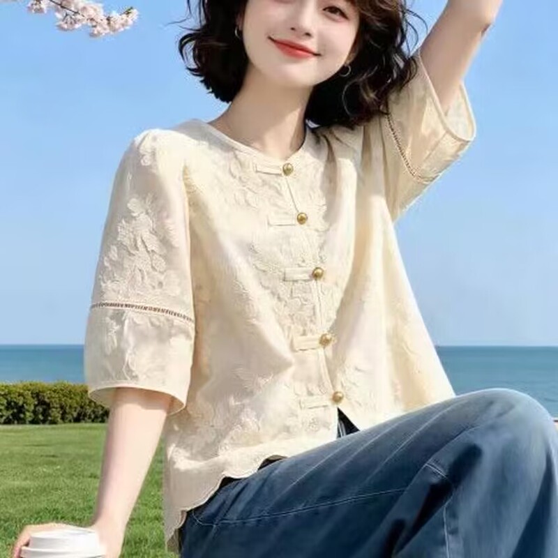 Unique and Elegant Embroidered Blouse with Beautiful Lace Trim, Chinese Style Mid-Sleeve Top, New Summer 2026 Collection
