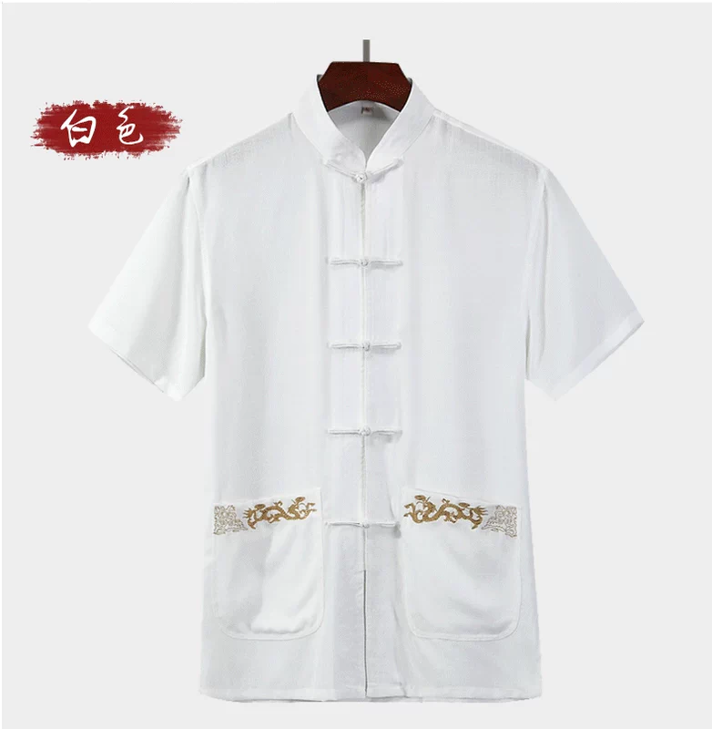 Bộ đồ trung niên và người già Tang phù hợp với mùa hè tay ngắn Hanfu cha kiểu áo sơ mi Trung Quốc nút ông quốc