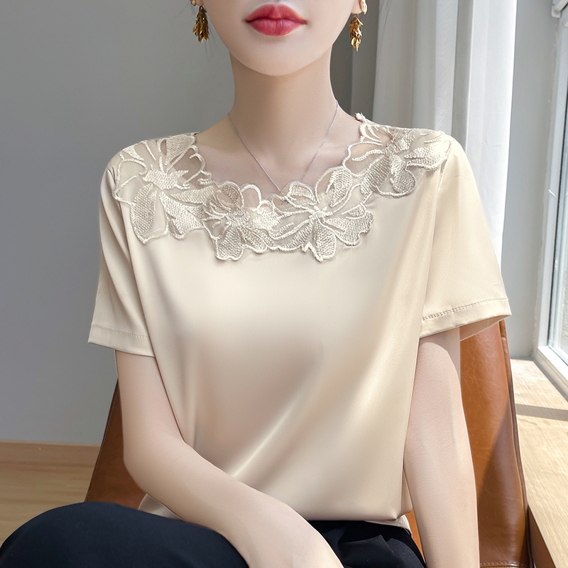 Exquisite French Lace Short-Sleeved Women's Summer Thin Top 2024 New Silky Satin Top Base T-Shirt