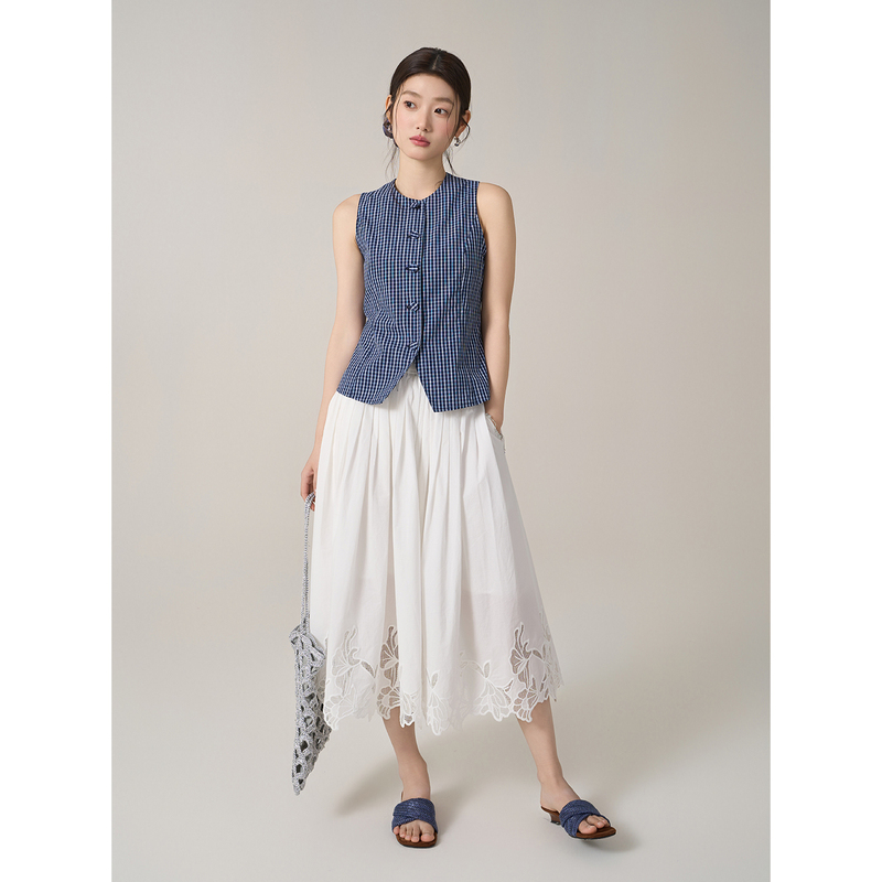 Limoonli Vintage All-Cotton Navy Blue Plaid Vest, Waist-Cinching Short Sleeveless Top for a Slimming Look, Summer Wear