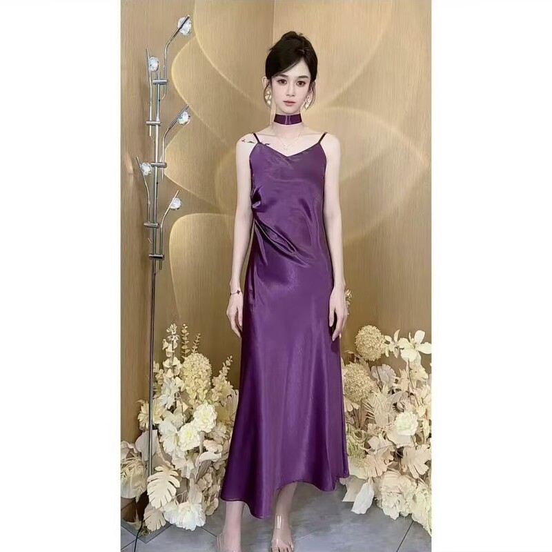 Adjustable Shoulder Straps + Free Ribbon Acetate Slip Dress, New Satin Dress, Summer Elegant High-End Base Long Dress