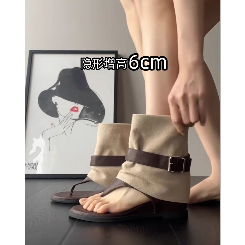 French Gua3 Three French-Style Height-Increasing Thong Leather Sandals for Women, Summer Flip-Flops, Short Boots