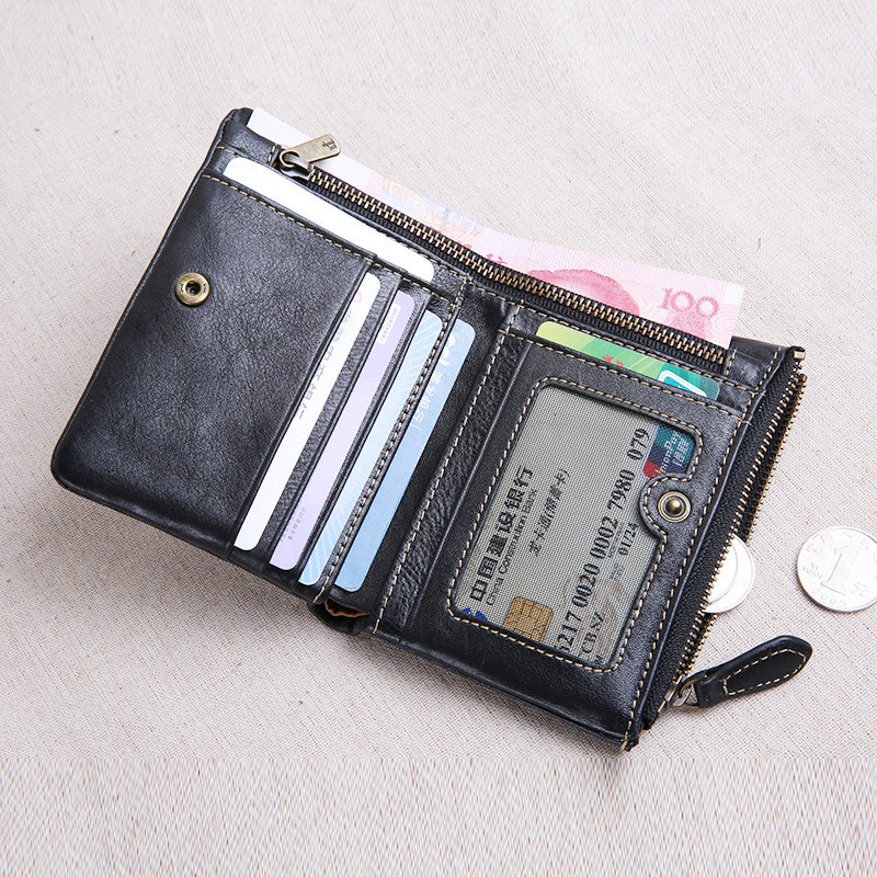 Handmade wallet men's leather short buckle zipper top layer leather youth wallet tide vertical wallet