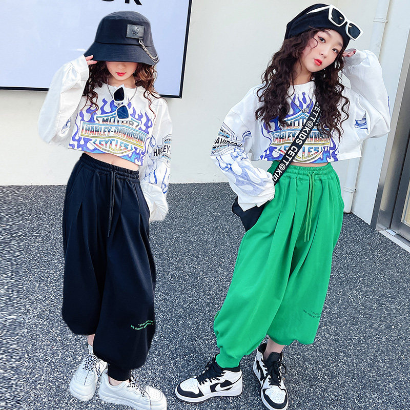 Fried Street Children Jazz Dance Wave Clothing Hip Hop Loose Pure Mianlian Practice Suits Girl's Dew Dance Walk Show Out of the Costume