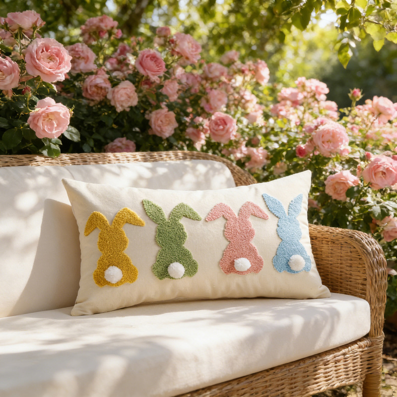 Cross-Border New Product Easter Bunny Towel Embroidery Cushion Cover Spring Garden Outdoor Cotton and Linen Embroidery Throw Pillow Cover