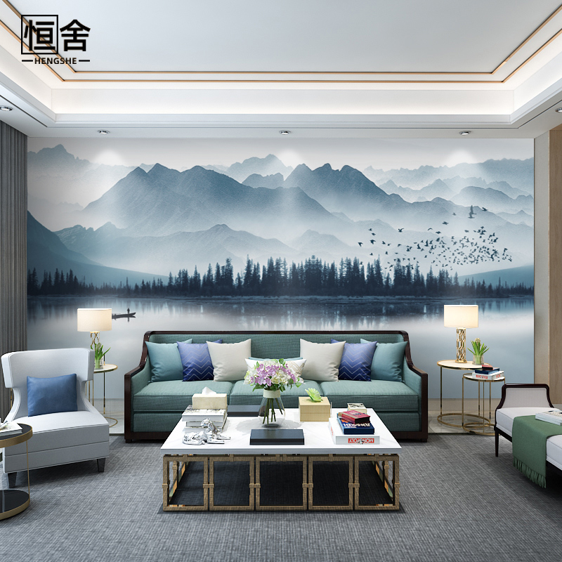 New Chinese mural living room TV background wall wallpaper Water ink mood landscape painting wallpaper film and TV wall cloth wall cloth